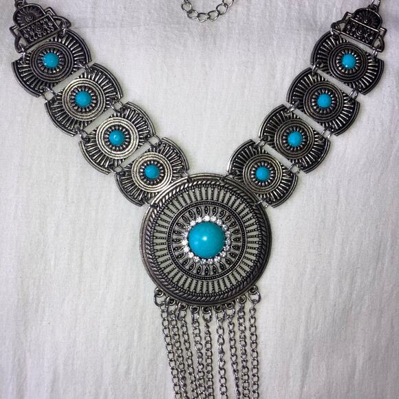 Turquoise silver pendant statement fringe necklace - Picture 2 of 3